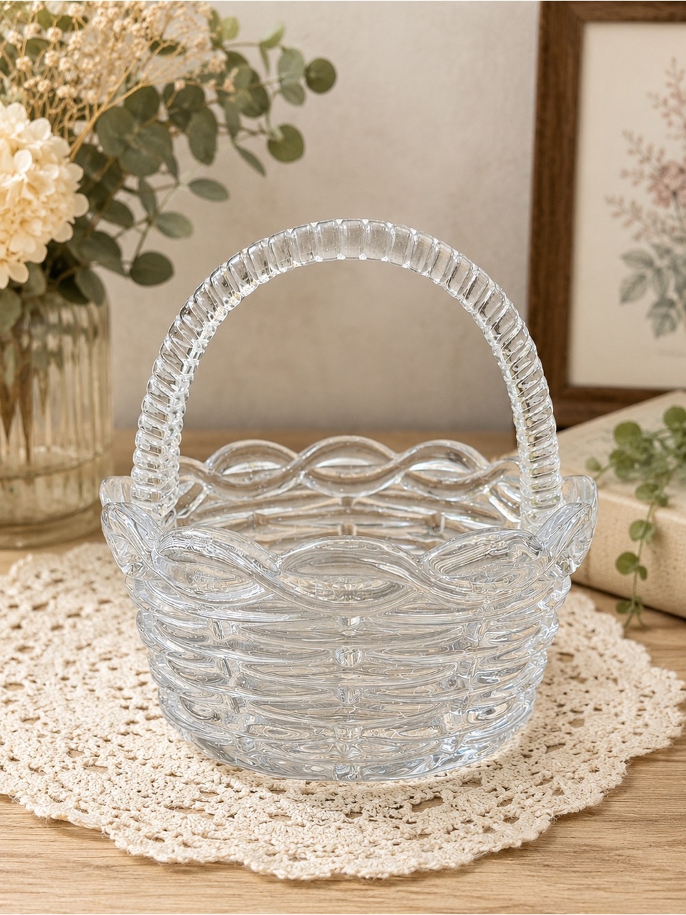 Vintage Clear Glass Basket Candy Dish Cottagecore Decor